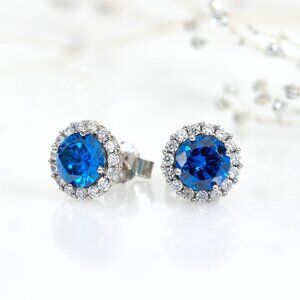 Halo Stud Earrings | 2.5 CTW CZ in Sterling Silver – Clear or Blue
